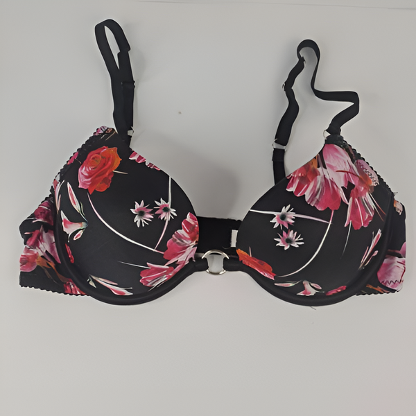 Nightee Nine - Black And Red Floral Padded Bra, Panty And Garter Belt 3 Piece Set