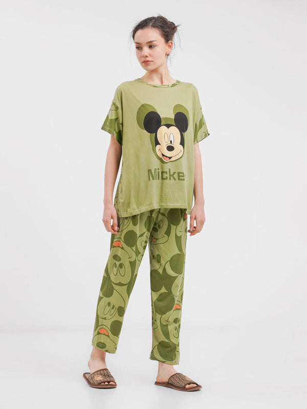 Nightee Nine - Noise Cotton 3 Piece Printed Pajama Suit Olive Gree